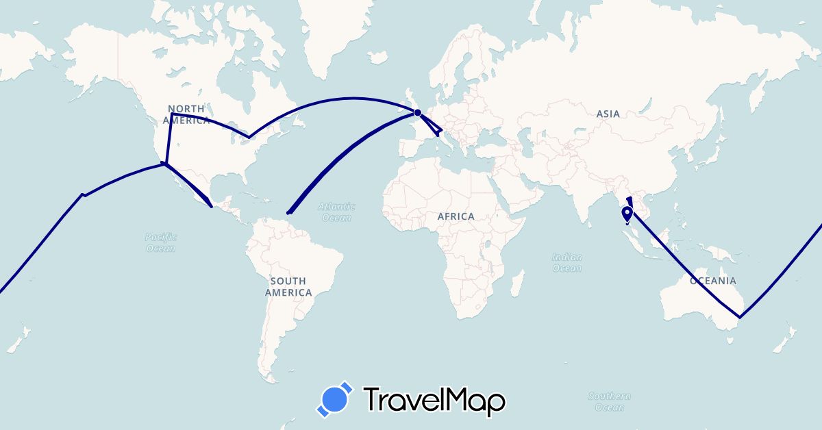 TravelMap itinerary: driving in Australia, Barbados, Canada, United Kingdom, Italy, Mexico, Thailand, United States, Saint Vincent and the Grenadines (Asia, Europe, North America, Oceania)